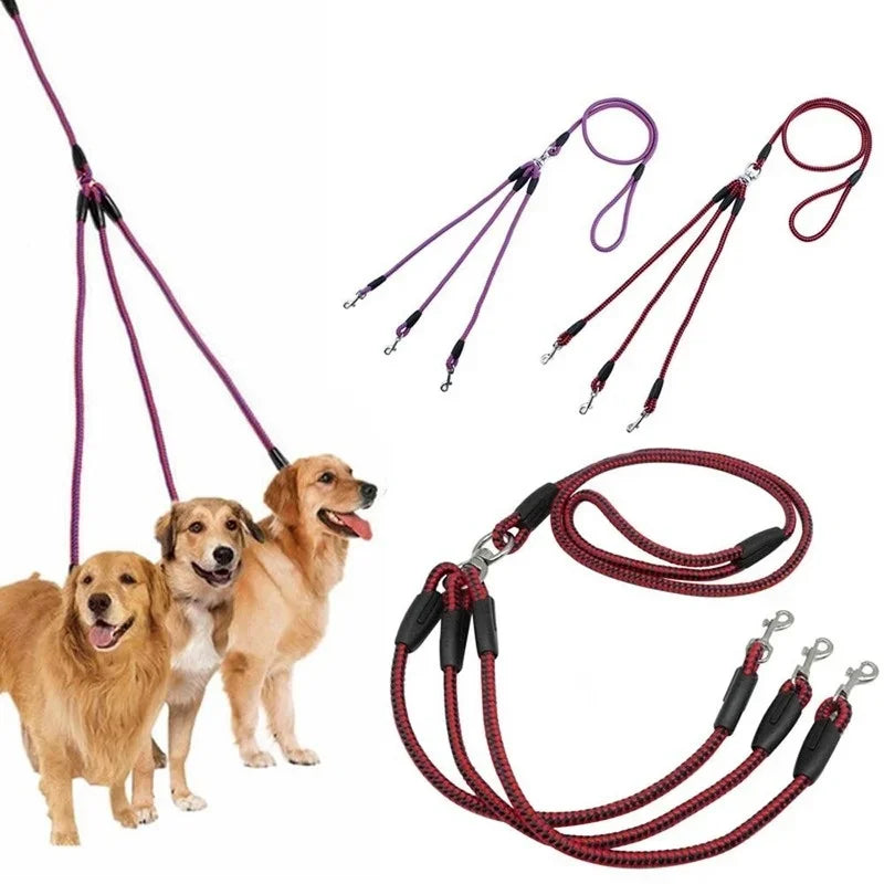 Adjustable Nylon 3 Way No-Tangle Triple Couple Pet Dog Walking Leash